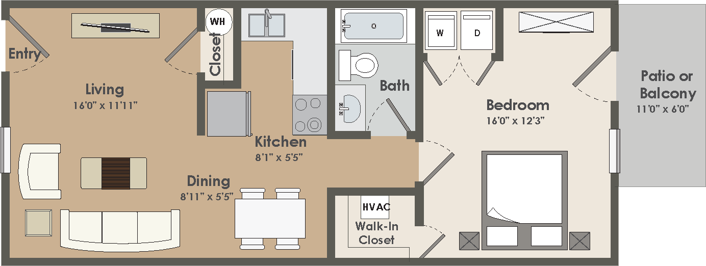 Floor plan for 1 bed, 1 bath, 750 sqft